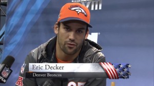 Eric Decker gives a shoutout to service members and families overseas watching Super Bowl XLVIII on AFN.